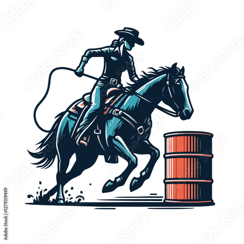 vector illustration of a Cowgirl and a cowboy riding a horse in the barrel competition 