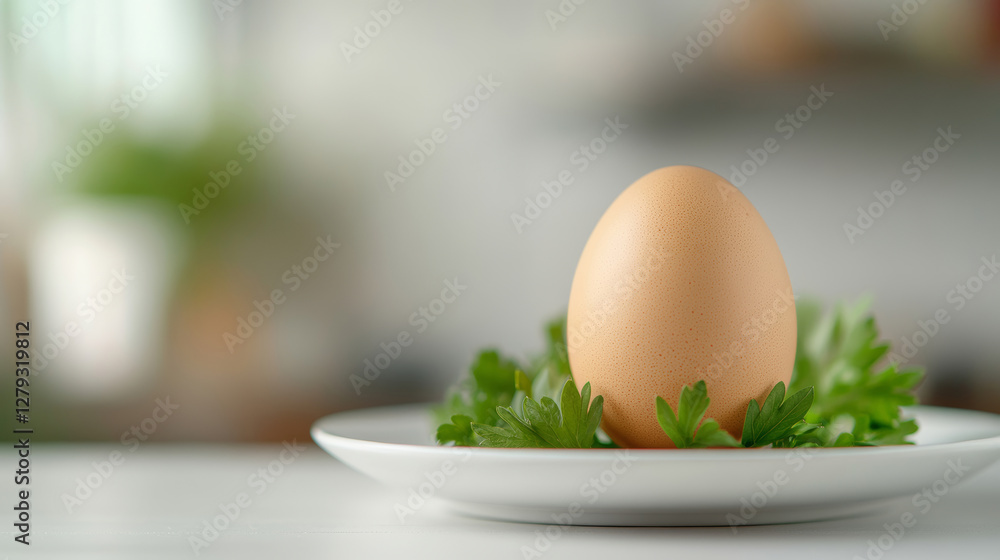 Symbolic egg on fresh parsley arranged neatly on a plate for a minimalist passover celebration in a bright kitchen setting Symbolic egg on fresh parsley arranged neatly on a plate for a minimalist passover celebration in a bright kitchen setting