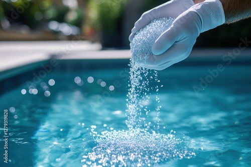 Pool cleaning process involves pouring chlorine granules into water for sanitation and clarity. Generative AI