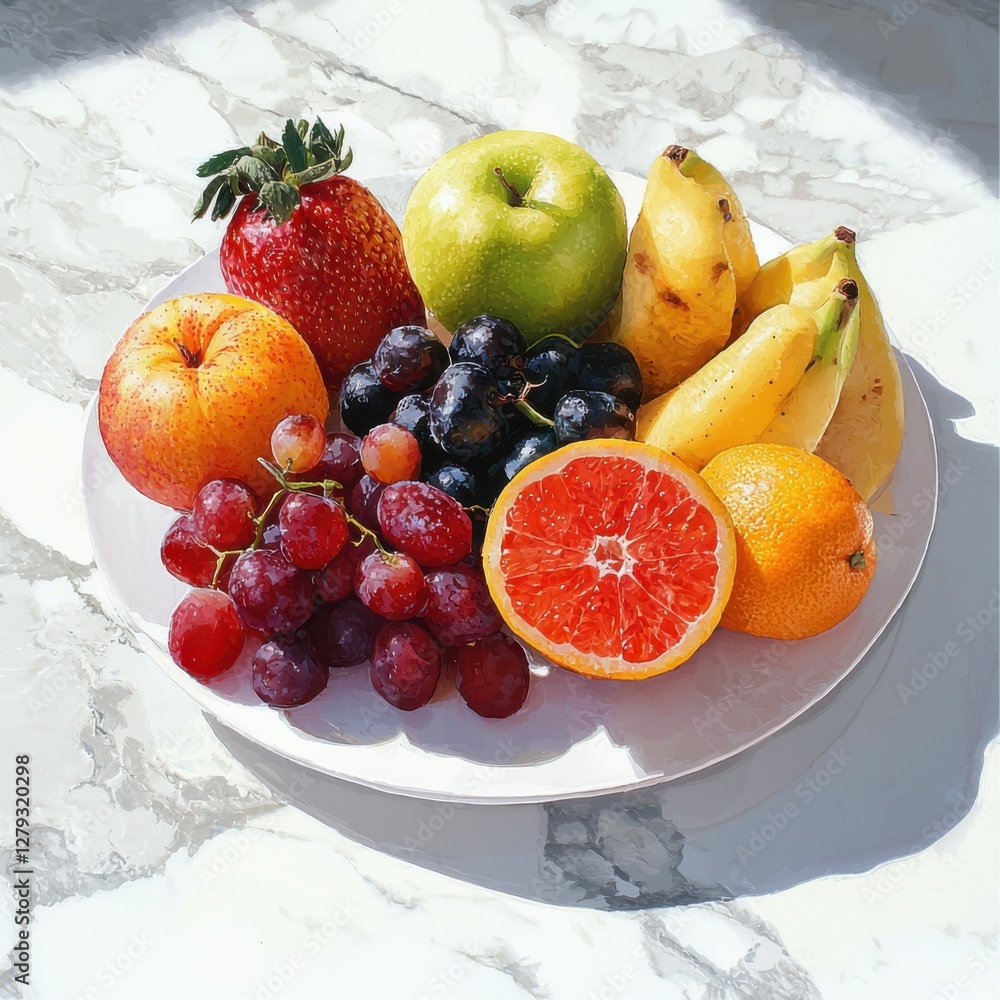 Vibrant fruit platter closeup marble counter food photography bright environment enhancing colors Vibrant fruit platter closeup marble counter food photography bright environment enhancing colors