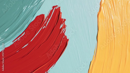 Vibrant abstract strokes of paint in red, yellow, and turquoise create dynamic visuals.