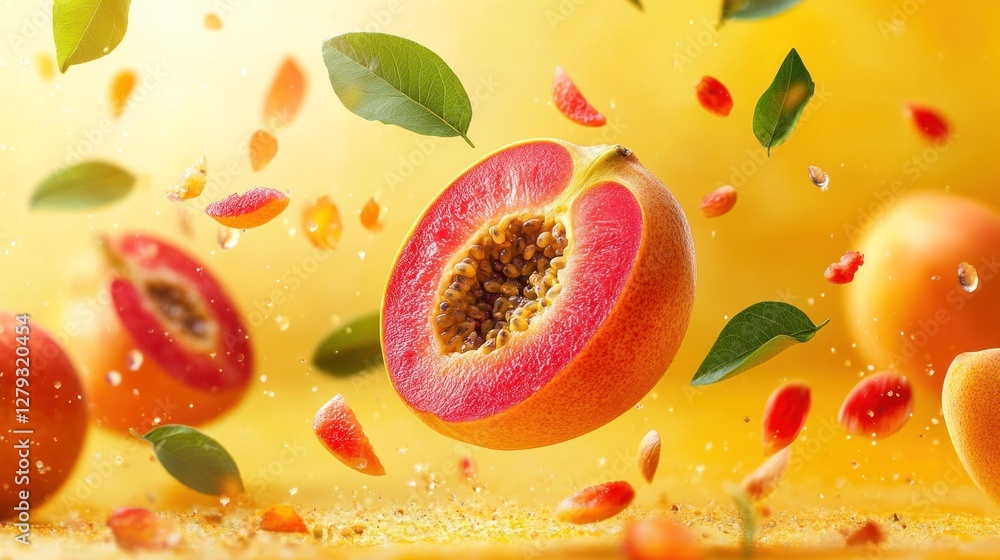 Flying peach slices, apricot background, vibrant yellow backdrop Flying peach slices, apricot background, vibrant yellow backdrop