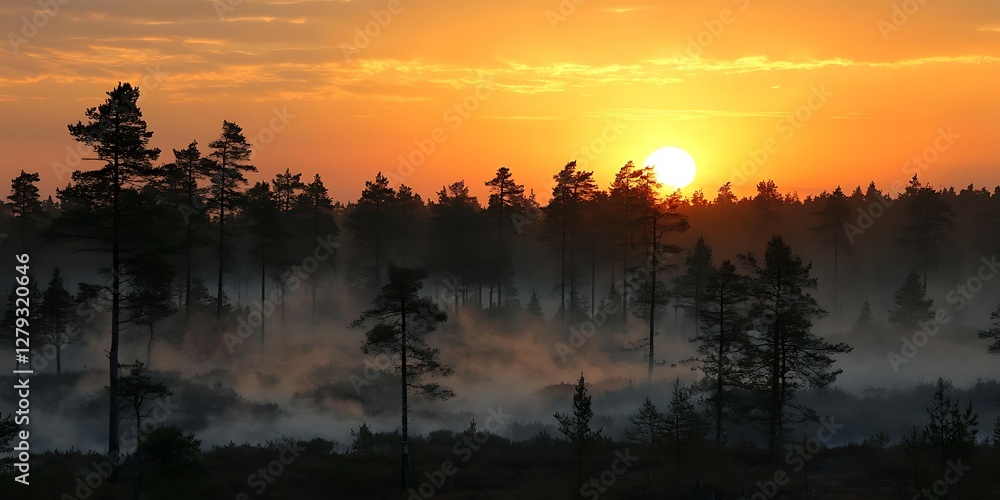 Fototapeta premium Sunrise over misty forest