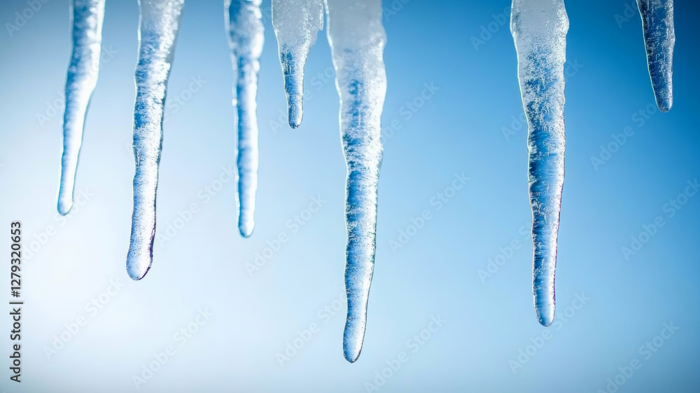 Fototapeta premium Minimalist fisheye view of intricate icicles forming a natural icy curtain with soft bluish tones and delicate frost details during winter's chill