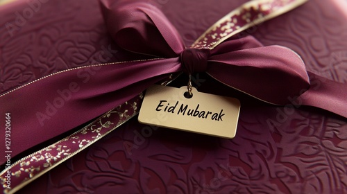 Elegant Eid Mubarak gift, burgundy silk ribbon, ornate patterned wrapping paper, golden gift tag, festive Islamic celebration. photo