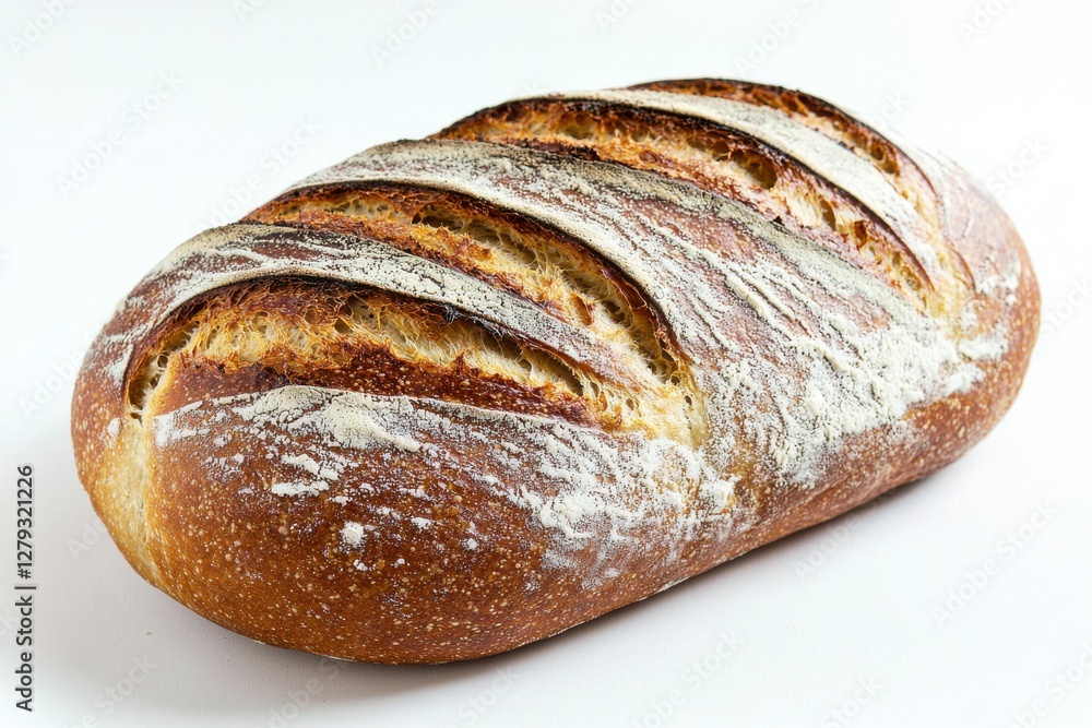 Φωτογραφία A beautifully crusted loaf of artisan bread, dusted with flour, showcases the craftsmanship of traditional baking techniques against a stark white backdrop