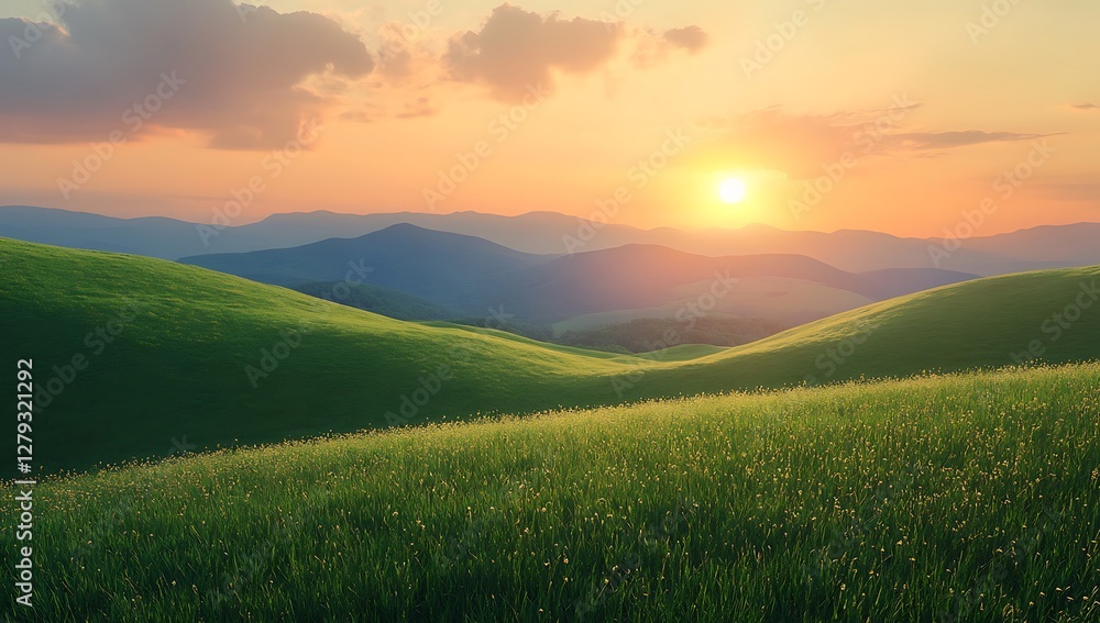 Obraz premium Golden Sunset Over Rolling Hills A Beautiful Landscape with Lush Green Fields and Distant Mountains at Sunset with a Warm Glowing Sky