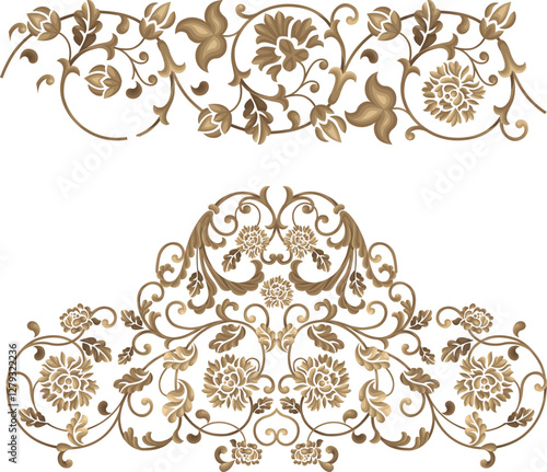 Vector golden set of decorative floral ornamental classic elements and flowers and a border