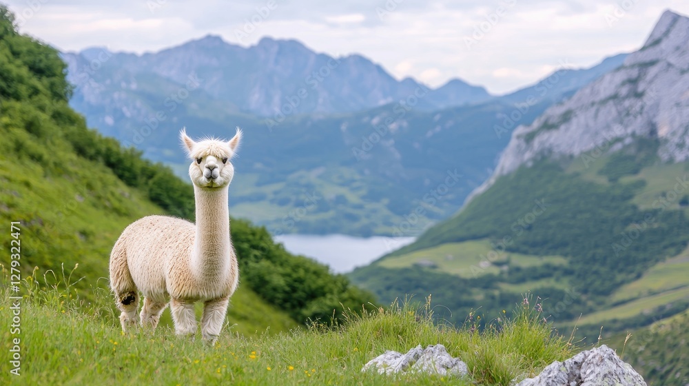 Fototapeta premium Alpaca in mountain meadow overlooking lake