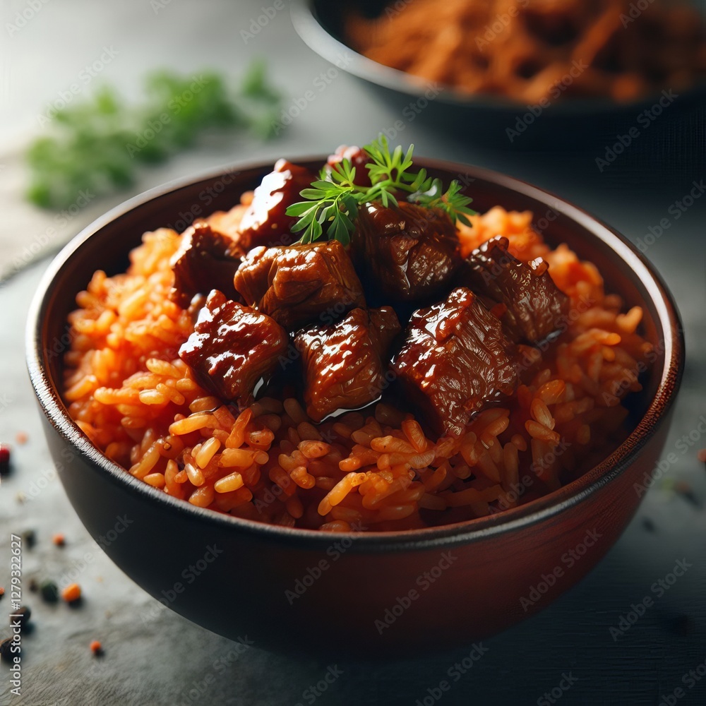 Close-up view of a bowl of rice with chunks of meat on top.
Close-up view of a bowl of rice with chunks of meat on top.