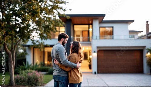 Couple embracing in front of their big modern house, rear view. Happy young family standing looking on their new property and hugging. Buying home of dream. Mortgage, home loan
