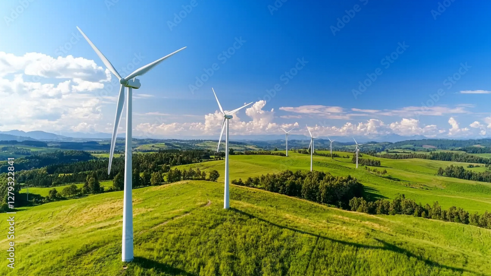 Aerial View of Wind Turbines on Lush Green Hills Under a Clear Blue Sky with Scattered Clouds Aerial View of Wind Turbines on Lush Green Hills Under a Clear Blue Sky with Scattered Clouds