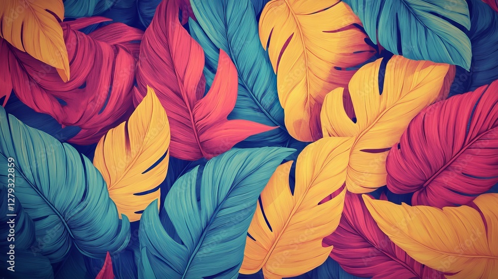 custom made wallpaper toronto digitalVibrant Tropical Leaves Create an Abstract Background With Shades of Blue, Green, Orange, and Red for Artistic Inspiration and Decoration