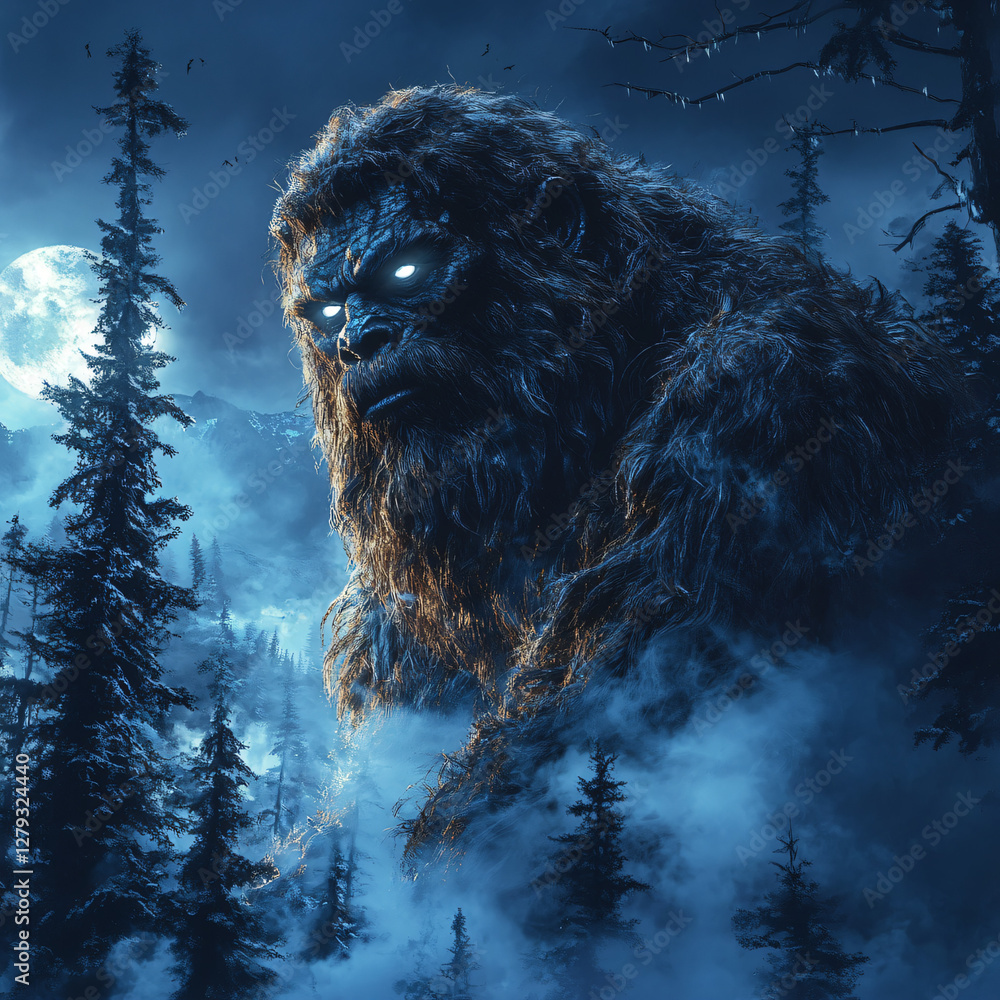 Moonlit Encounter with the Mysterious Sasquatch in an Enchanted Forest Moonlit Encounter with the Mysterious Sasquatch in an Enchanted Forest
