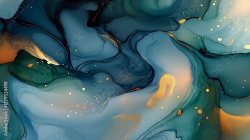 Abstract Fluid Art, Teal, Gold, Swirls, Background, Design, Potential use as wallpaper or graphic element photo