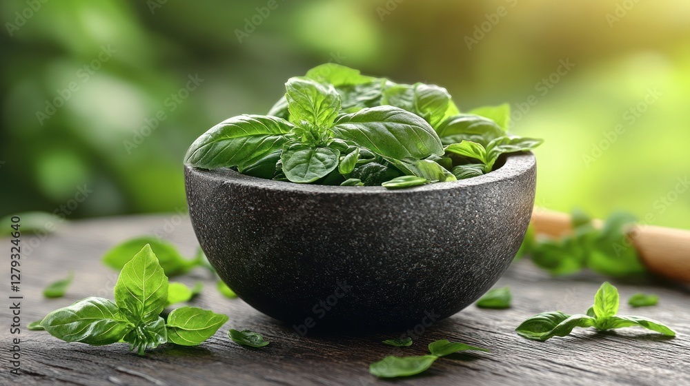 Fresh basil in dark bowl on wooden table, garden bokeh background Fresh basil in dark bowl on wooden table, garden bokeh background