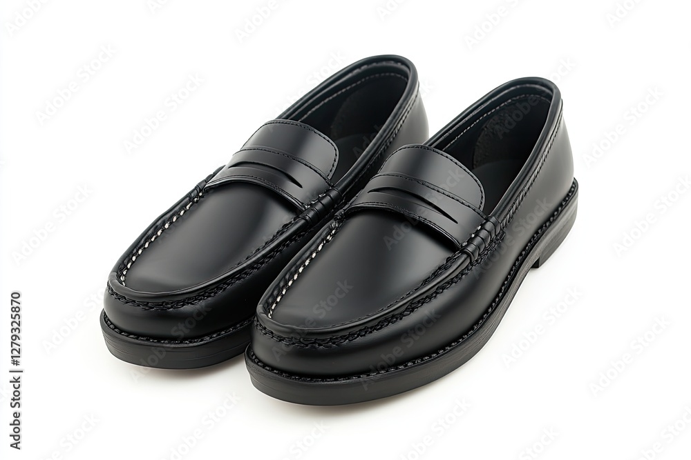 A pair of black leather shoes with elegant stitching, isolated on a white background A pair of black leather shoes with elegant stitching, isolated on a white background