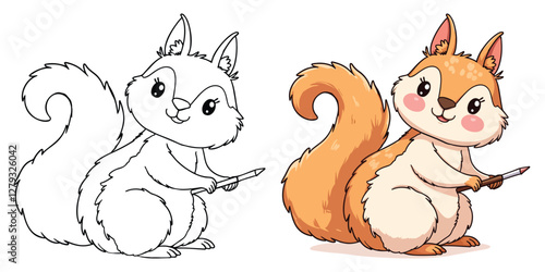 Cute Squirrel Isolated Line Art Vector Outline Illustration Black and White with Coloring Sample