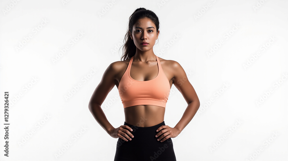 Fototapeta premium Fitness model striking a confident pose in workout attire against a plain backdrop