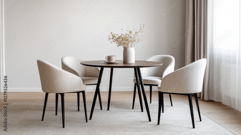 Modern Dining Setup With Minimalist Decor Featuring a Round Table, Elegant Chairs, and Fresh Flowers in Softly Lit Room Modern Dining Setup With Minimalist Decor Featuring a Round Table, Elegant Chairs, and Fresh Flowers in Softly Lit Room