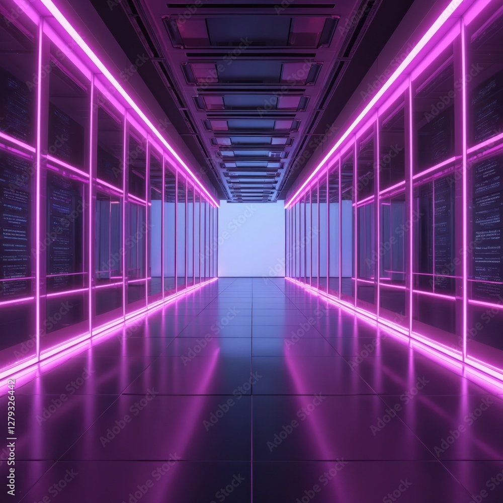 Perspective shot of dark server room data center hallway, illuminated with purple neon lights. Futuristic interior of corridor in big hi tech data storage with server racks. Perspective shot of dark server room data center hallway, illuminated with purple neon lights. Futuristic interior of corridor in big hi tech data storage with server racks.