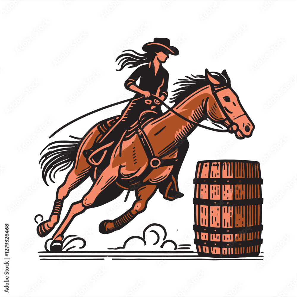 Fototapeta premium vector illustration of a Cowgirl and a cowboy riding a horse in the barrel competition