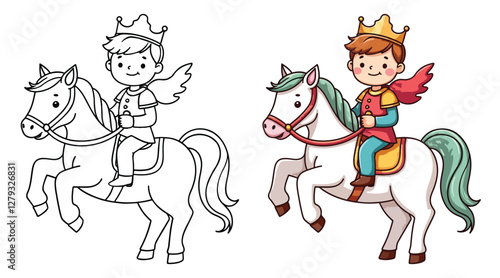 A prince is riding a horse Isolated Line Art Vector Outline Illustration Black and White with Coloring Sample