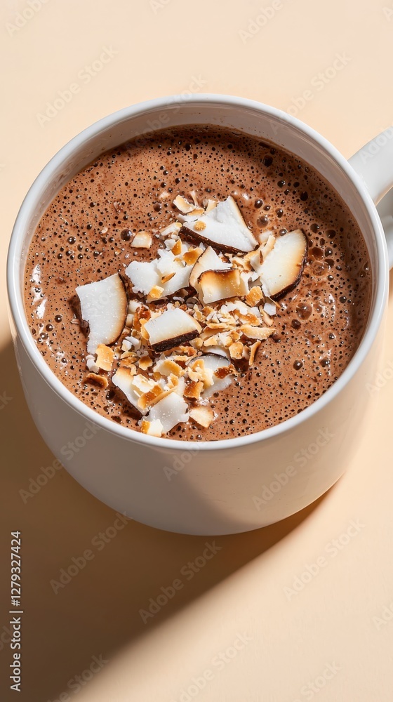 Warm fluffy coconut whipped cocoa in a mug cozy atmosphere top-down view finished with shredded coconut flakes Warm fluffy coconut whipped cocoa in a mug cozy atmosphere top-down view finished with shredded coconut flakes