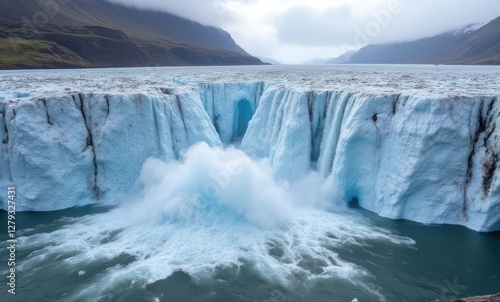 Glacier calving into serene blue waters