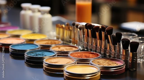 A Colorful Array of Makeup Powders and Brushes