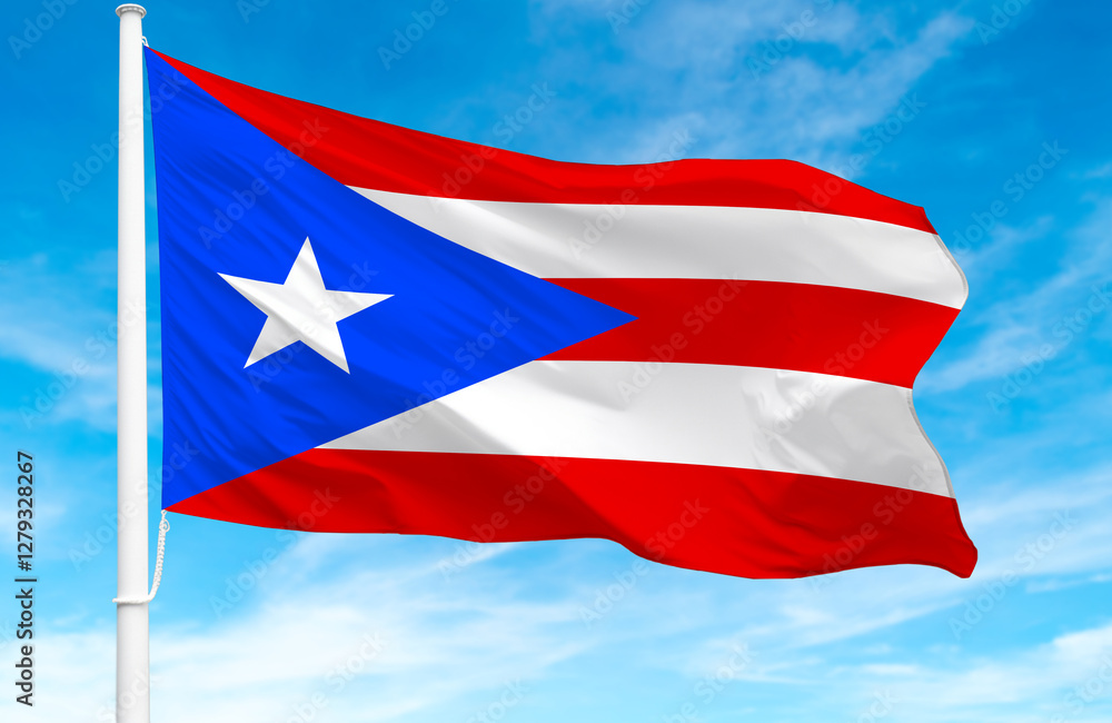 Fototapeta premium Flagpole with the flag of Puerto Rico 3D Rendering
