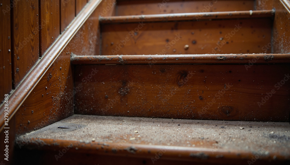Dust particles resting on wooden staircase in old house, nostalgia Dust particles resting on wooden staircase in old house, nostalgia