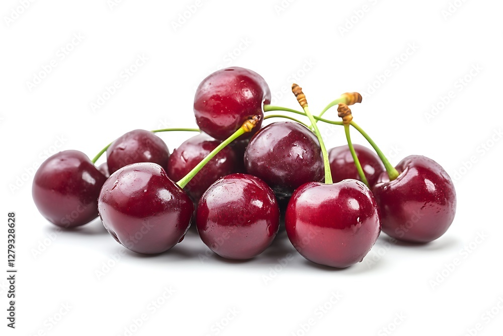 A Bunch of Cherries with Stems, Isolated on White Background A Bunch of Cherries with Stems, Isolated on White Background