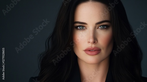 Wallpaper Mural Close-up portrait of a young woman with long dark hair and striking blue eyes. Her expression is serious and intense, creating a sophisticated and alluring mood. Torontodigital.ca