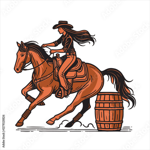 vector illustration of a Cowgirl and a cowboy riding a horse in the barrel competition 