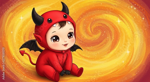 Cute baby in devil costume, curling flame background