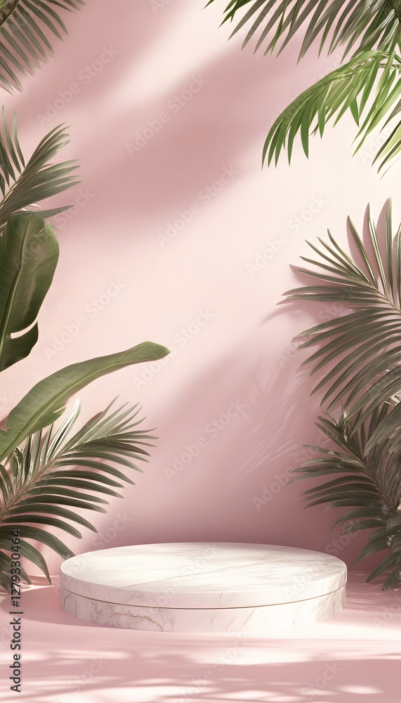 Marble podium display with pink background and tropical leaves Marble podium display with pink background and tropical leaves