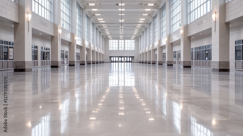 Empty modern convention hall interior, showcasing polished floors and large windows. Possible use for commercial real estate Empty modern convention hall interior, showcasing polished floors and large windows. Possible use for commercial real estate
