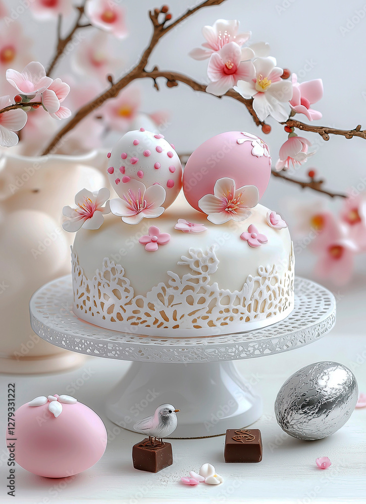 Easter cake with flowers and decorated eggs Easter cake with flowers and decorated eggs