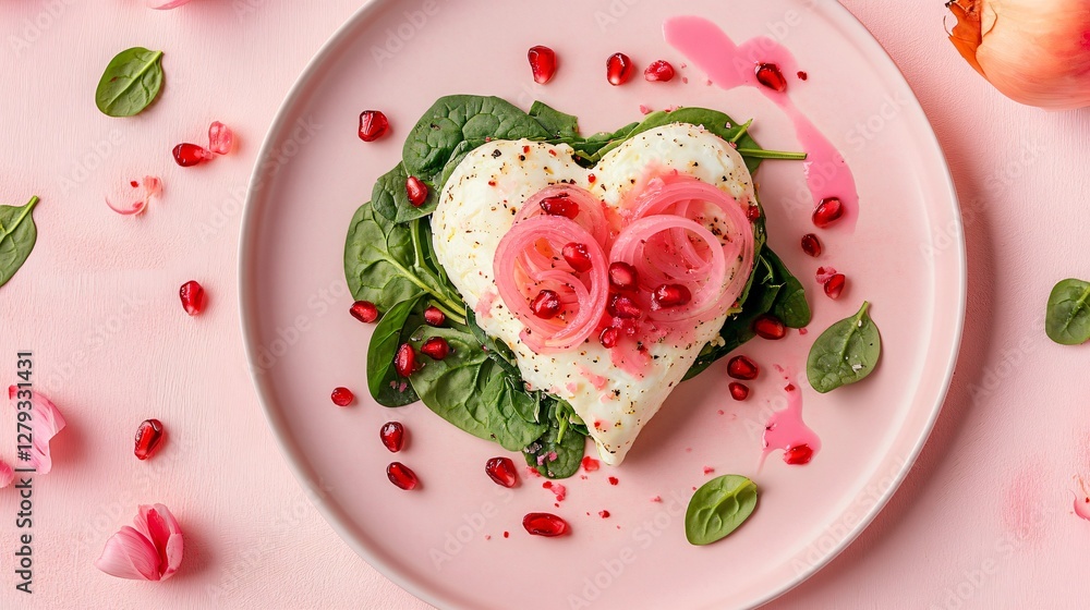 A Valentine's Day-inspired heart-shaped egg white and spinach wrap, served with pink pickled onions and pomegranate drizzle, styled on a pastel pink plate A Valentine's Day-inspired heart-shaped egg white and spinach wrap, served with pink pickled onions and pomegranate drizzle, styled on a pastel pink plate