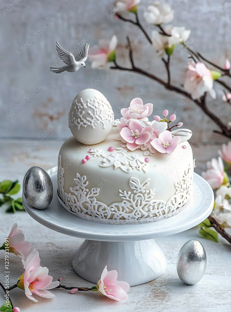 Easter cake with flowers and silver eggs Easter cake with flowers and silver eggs