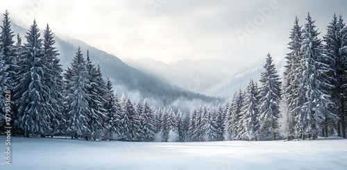 Wallpaper Mural Winter Wonderland Forest A Snowy Landscape with Tall Evergreen Trees Covered in Snow and a Foggy Mountain Backdrop Torontodigital.ca