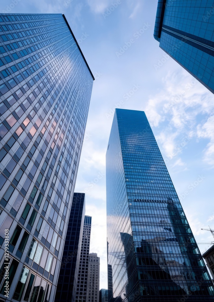 Modern skyscrapers, reflective glass facades, towering office buildings, blue sky, wispy clouds, urban architecture, looking upward, financial district, city skyline, sunlight reflections, sleek desig Modern skyscrapers, reflective glass facades, towering office buildings, blue sky, wispy clouds, urban architecture, looking upward, financial district, city skyline, sunlight reflections, sleek desig