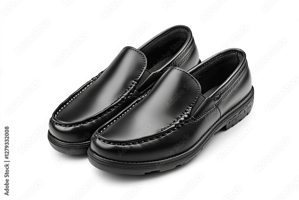A pair of black leather shoes with elegant stitching, isolated on a white background A pair of black leather shoes with elegant stitching, isolated on a white background