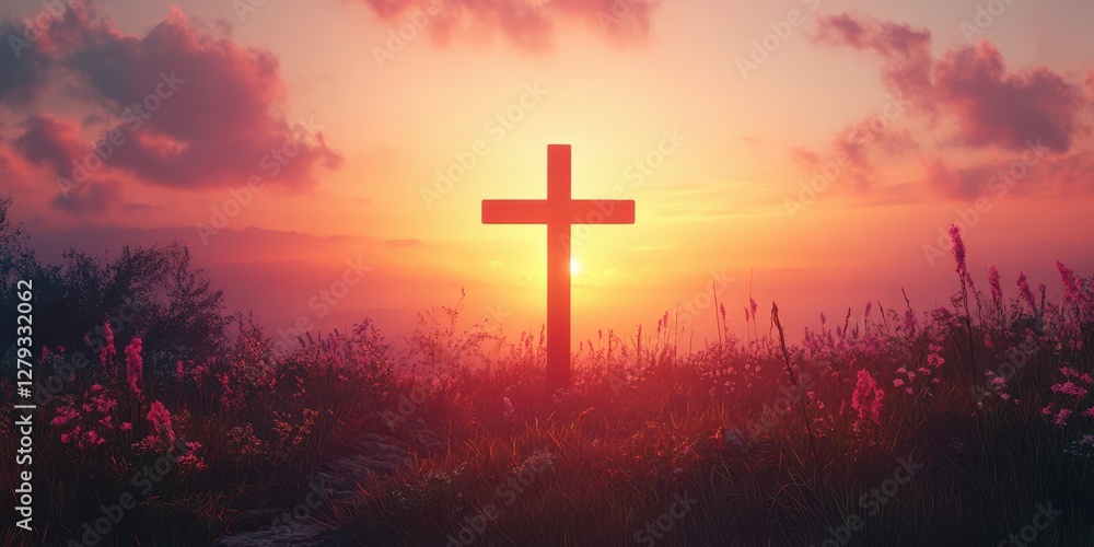 Beautiful sunset over a cross silhouetted against a vibrant sky in a peaceful field Beautiful sunset over a cross silhouetted against a vibrant sky in a peaceful field
