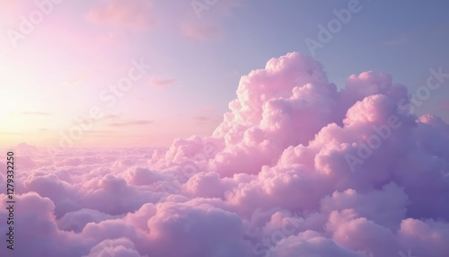 Fototapeta Naklejka Na Ścianę i Meble -  Fluffy soft pink clouds texture. Sky panorama background with light lavender purple color natural pattern. Ethereal cloudscape above skyline for meditation, heaven, peaceful mood.