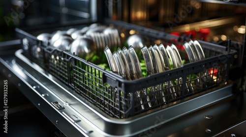 Clean Cutlery and Dishes in a Modern Dishwasher