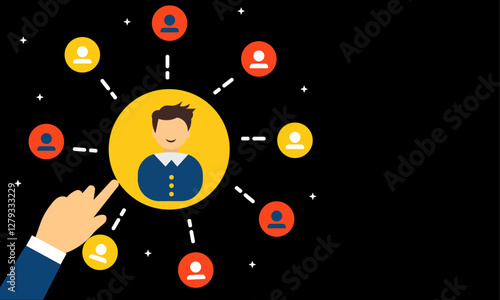 Niche marketing and customer satisfaction research, Market research and segmentation strategy, Marketer touching the customer, Best review icon, vector, illustration, business