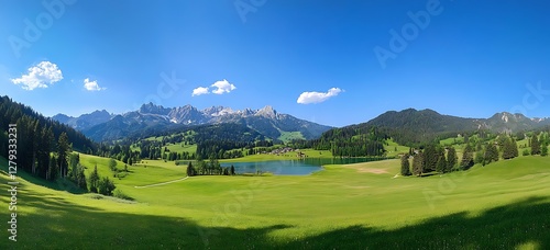 Panoramic Mountain Vista Lush Green Valley with a Lake and Majestic Peaks Under a Bright Blue Sky A Scenic Landscape for Nature Lovers photo