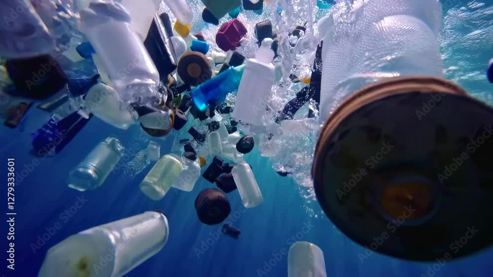 Underwater shot of plastic bags and bottles drifting in polluted ocean waters Underwater shot of plastic bags and bottles drifting in polluted ocean waters